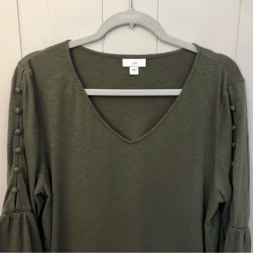 JJill Peasant Top Bell Sleeves Button Details Olive Green 100% Cotton Large - Picture 4 of 5